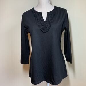 Melrose Chic Black V-neck Tunic with Crocheted Lace Trim on Collar Women’s Small
